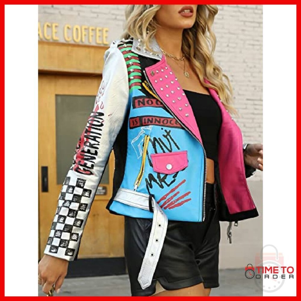 Faux Leather Moto Jacket Studded Floral Biker Coat Women's Size - Picture 3 of 8